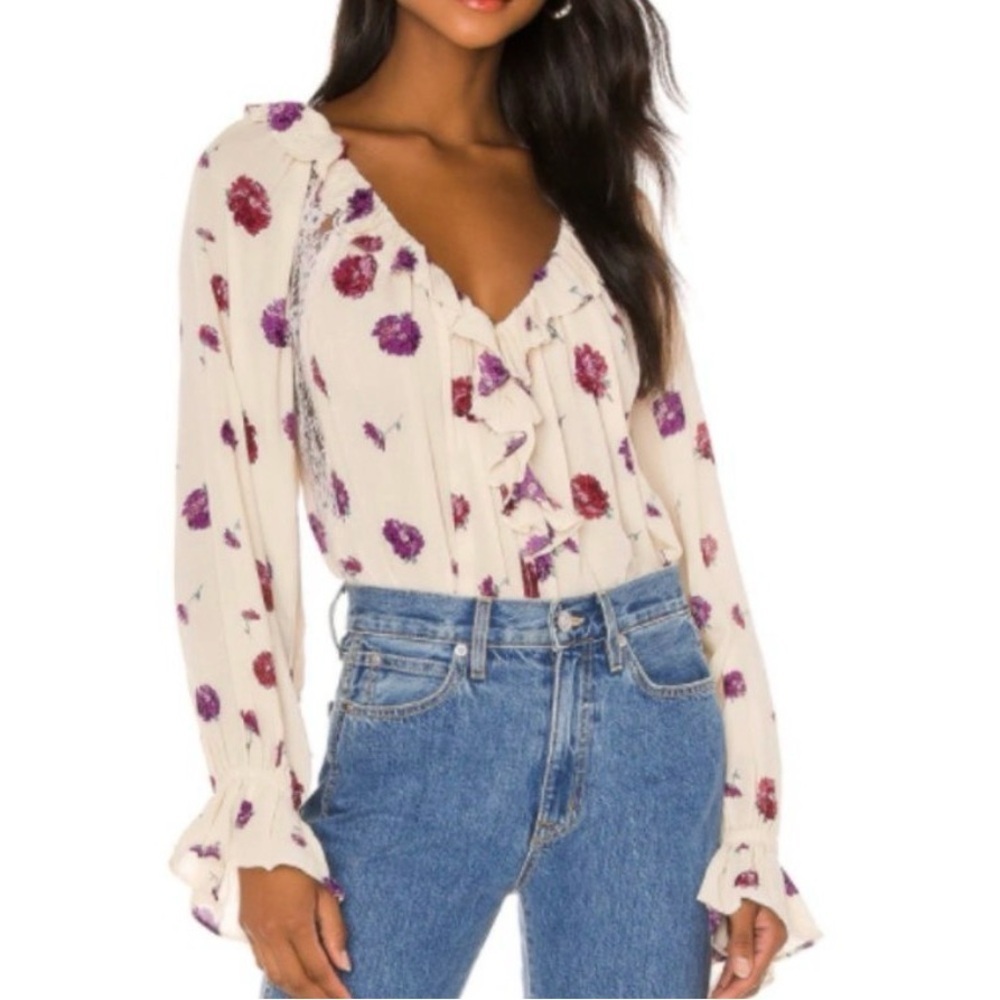 Free People Purple Poppy Floral Blouse Bodysuit Size XS Bohemia Feminine